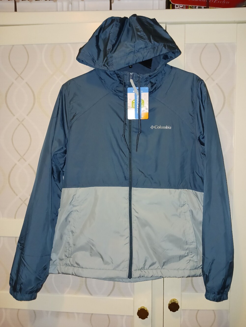 Columbia Two-Tone Dark Teal & Light Teal Hooded WindbreakerFleece Lined Full Zip